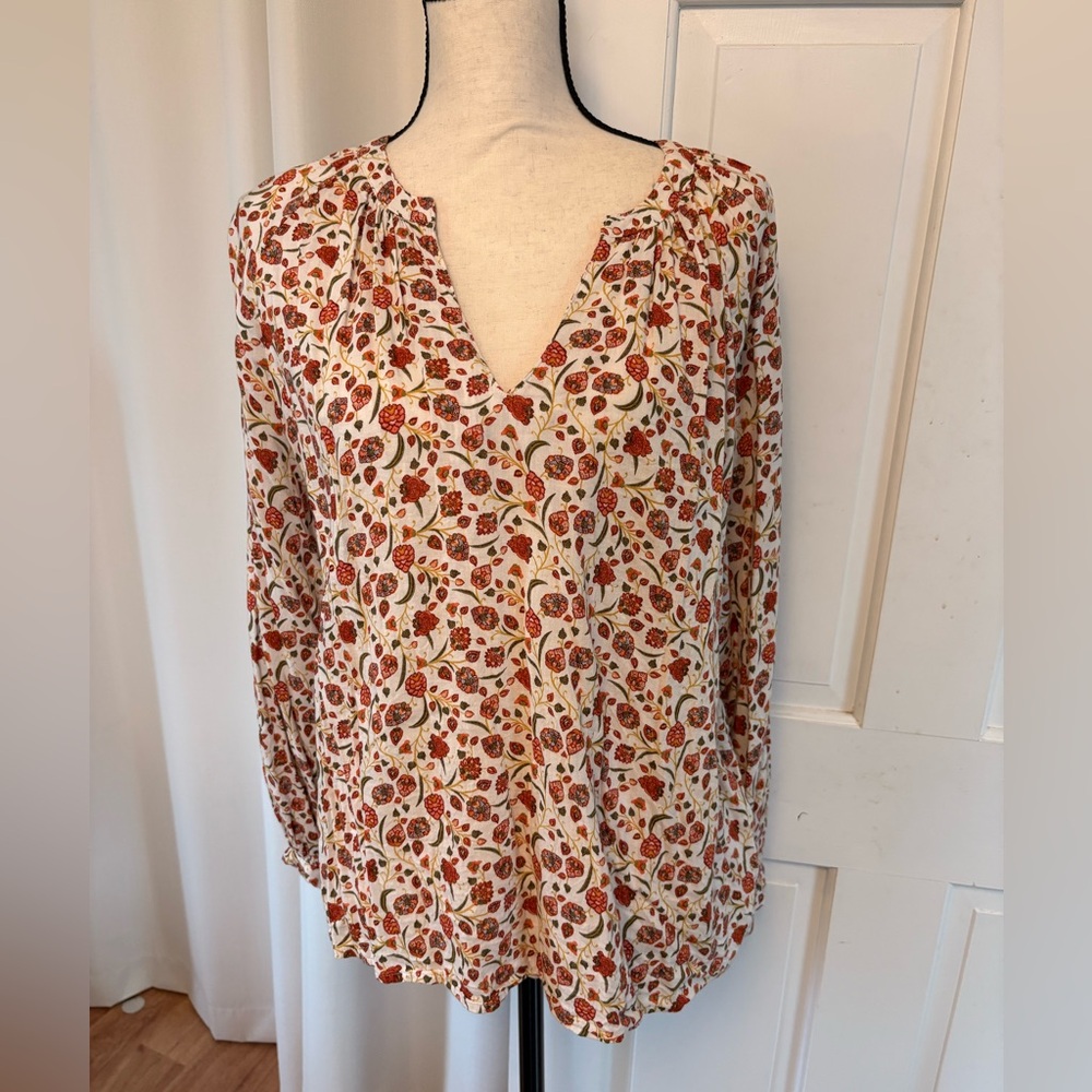 Old Navy Cream Blouse with Red and Rust Floral Print